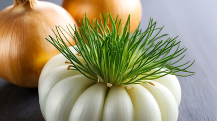 Sprouted onion, trimmed and peeled. Close-up, narrow focus.