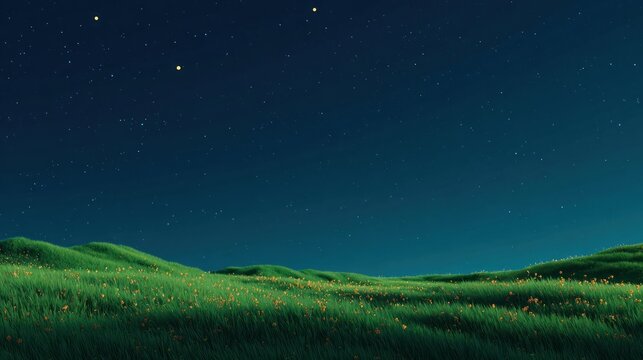 A serene, starry night landscape with green grass and yellow flowers under a dark blue sky with stars.