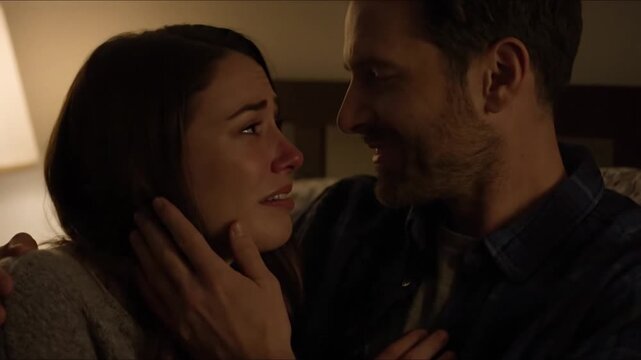 Crying woman photo with man comforting her, showing emotional support and empathy for editorial and social media content