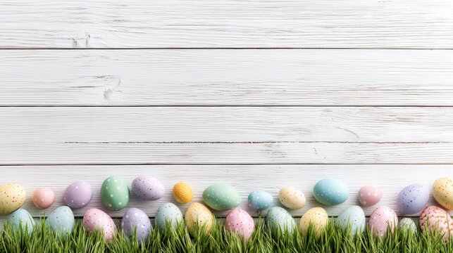 A colorful Easter egg border with green grass on a white wooden background.