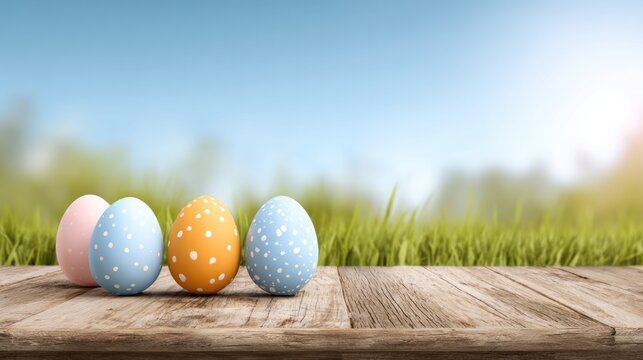 Four colorful Easter eggs on a wooden table with a grassy background.