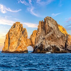 Majestic rock formation arches from the ocean, under a colorful sky