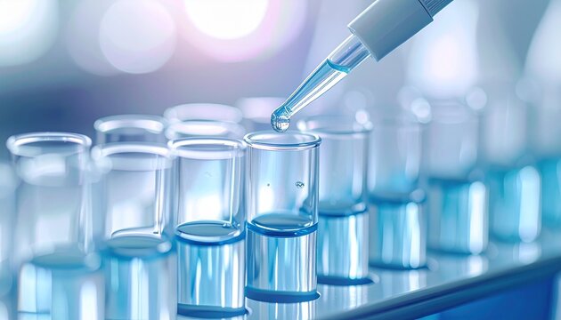 Close-up view of a scientific laboratory pipette releasing a single drop of blue liquid into a glass test tube rack during medical research testing