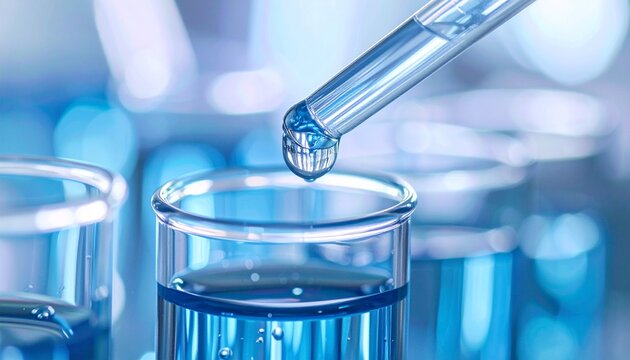 Close-up view of a precision laboratory pipette dispensing a drop of blue chemical reagent into a clear glass test tube for scientific research analysis