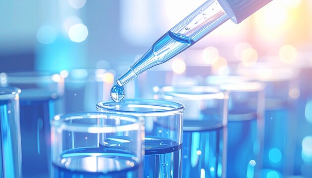 Laboratory glassware. Pipette dropping liquid into test tube. Science lab equipment. Medical research tools. Blue chemistry tubes. Laboratory setting. Test tubes with liquid. Scientific