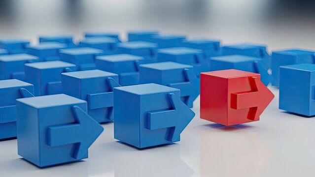 Red cube with right arrow points opposite to blue cubes with left arrows on shiny floor