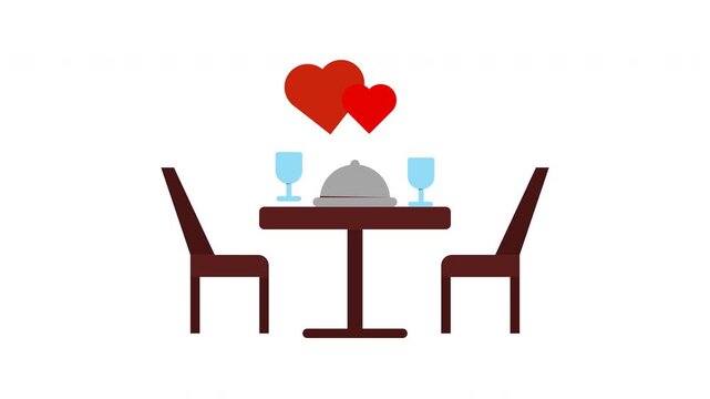 Candle Dinner icon animation. Romantic dining setup with hearts, wine glasses and covered dish.