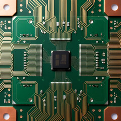 Close-up of an integrated circuit with a white chip on a detailed copper-traced circuit board