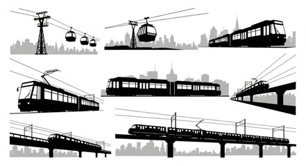 Collection of urban transportation silhouettes including cable cars and trams. © Tama