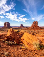 Majestic sandstone formations rise from a desert landscape under a blue sky