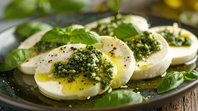 Delicious Caprese salad with fresh basil, pesto, and olive oil, a classic Italian appetizer.
