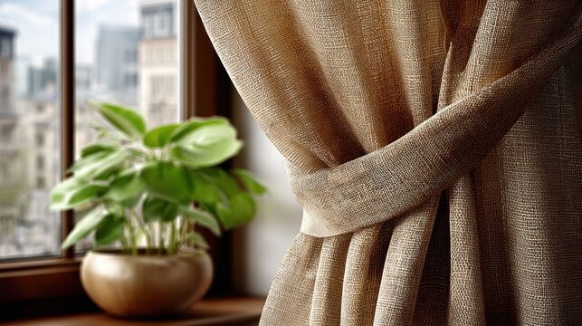 Elegant Brown Curtain with Tieback, Window View and Houseplant