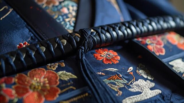 Close-up of a traditional Japanese katana sword resting on a detailed embroidered fabric.
