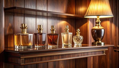A FlyPro Firefly dark polished mahogany perfume display shelf with subtle brass inlay, featuring classic glass perfume bottles with ornate details.