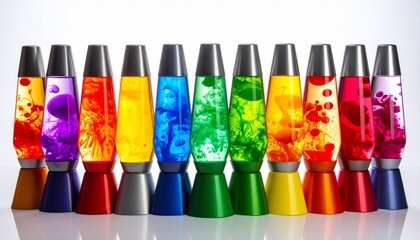 "A vibrant collection of eleven lava lamps in rainbow colors, with dynamic wax formations glowing in liquid, symbolizing retro decor, psychedelic style, and colorful ambiance."