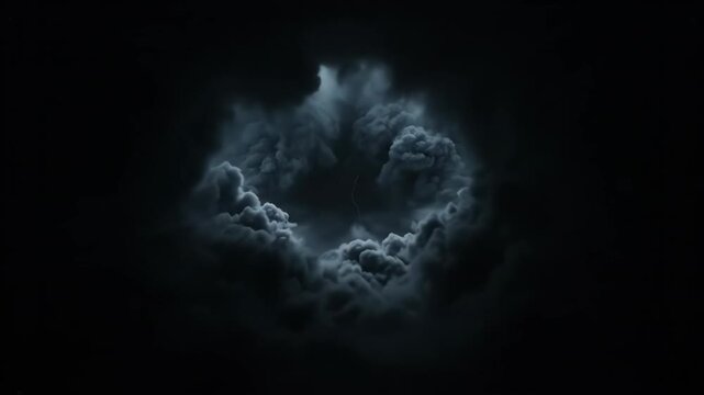 A bright vertical lightning bolt illuminates dark storm clouds forming a central opening