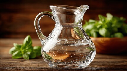 Clear Glass Pitcher with Water and Fresh Basil on Rustic Wooden Table
