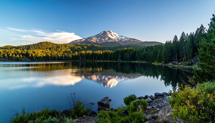 Majestic snow-capped mountain reflects in calm, forested lake
