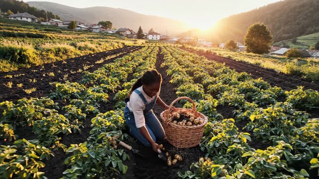 Young farmer harvesting potatoes in a sunlit field with a village background