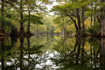 Dense cypress forest with reflections in a calm river during autumn cypress trees water