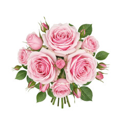 Fototapeta premium A beautiful bouquet of pink roses with lush green leaves and delicate stems. isolated on transparent background