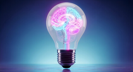 Illuminated Light Bulb with Neon Brain Inside, Symbolizing Ideas, Innovation, and Artificial Intelligence