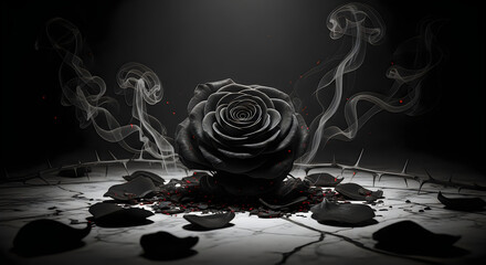 Dark Black Rose on Cracked Ground with Smoke Wisps, Gothic Romance and Mystery, Moody Dramatic Lighting