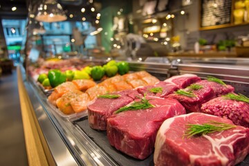 Fresh cuts of meat displayed in a modern butcher shop, featuring vibrant vegetables and herbs, showcasing quality ingredients in an inviting culinary environment