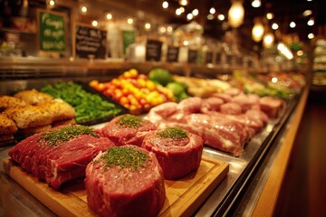 Fototapeta premium Fresh cuts of meat displayed on wooden board in a vibrant market, surrounded by colorful vegetables and fruits, showcasing a rich culinary environment and inviting atmosphere