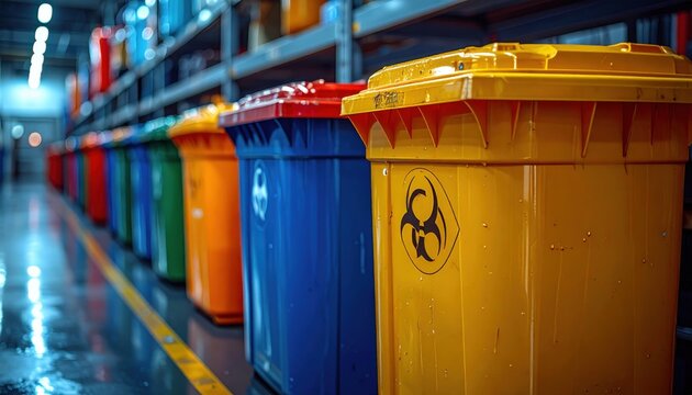 A high-resolution photographic style capture of a stark industrial array of clearly labeled and sealed color-coded biohazard bins, showcasing organized waste management.