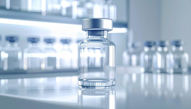 A photorealistic DSLR style image of an empty vaccine vial made of clear glass with a rubber stopper, prominently displayed on a laboratory shelf with soft diffused lighting.