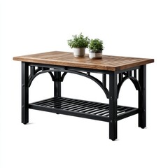 Wooden Coffee Table with Black Metal Frame and Plants on White Background