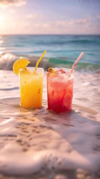 Two colorful cocktails with straws on sandy beach by the ocean, refreshing summer drinks, tropical vacation mood, seaside leisure, travel concept.