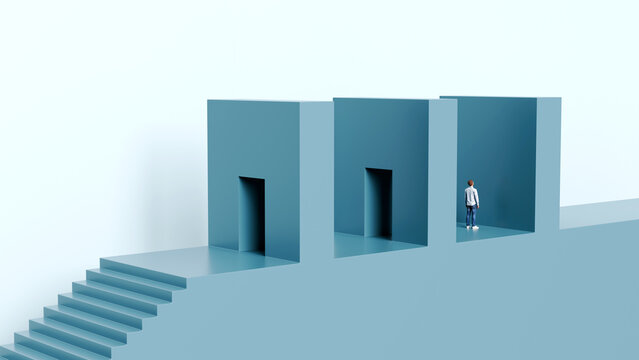 Man standing at a solid wall after passing two open doors on a platform representing a career plateau and strategic dead end, 3d render