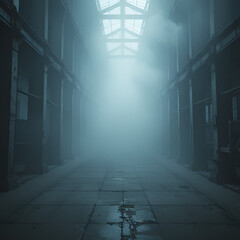 Eerie mist envelops warehouse with soft light revealing concrete floors evoking chilling mystery
