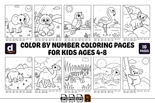 Animals Color by Number for Kids - 10 Pages