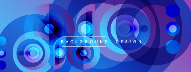 Obraz premium Abstract circles overlap, creating vibrant blue, purple gradients. Modern design suggests technology, innovation, fluidity. Background features text elements.