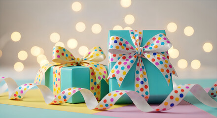 Turquoise Gift Boxes with Colorful Polka Dot Ribbon Bows and Bokeh Lights Background, Celebration Surprise Party Occasion
