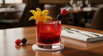 Vibrant Red Cocktail Garnished with Berries and Flower, Served in Glass on Wooden Table, Elegant Restaurant Ambiance
