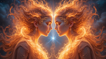 Twin souls, cosmic flames, nebula backdrop, spiritual concept art