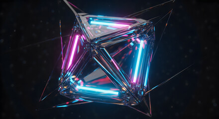 Abstract Geometric Crystal Structure with Neon Lights, Futuristic Design, Sci-Fi Technology Concept, Digital Art
