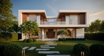 Modern Luxury Villa Exterior: Architectural Gem with Lush Gardens and Inviting Pathway, Golden Hour Light