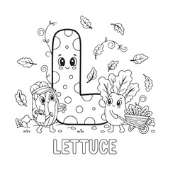 Fototapeta premium L is for Lettuce Vegetable Coloring Page for Kids Black and White Line Art