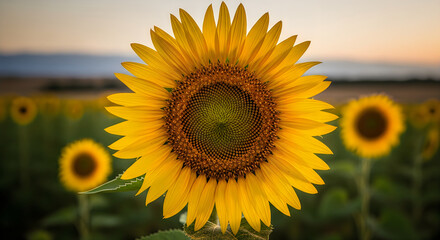Fototapeta premium Vibrant Sunflower Field at Golden Hour, Macro Close-up of Sunflowers Blooming with Soft Bokeh Background, Agricultural Nature Beauty