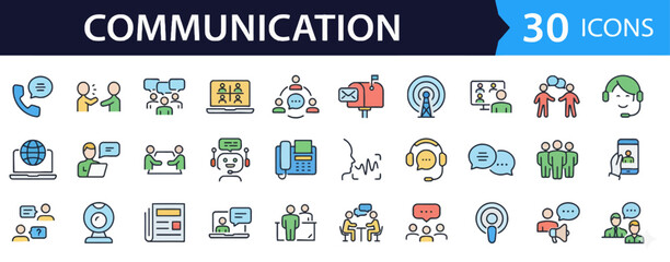 Thirty colorful icons representing various aspects of communication displayed on a clean background