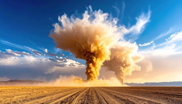 FlyPro Firefly presents an expansive view of towering dust devils swirling across a vast, dry lakebed under a bright afternoon sun, captured in atmospheric photography style.