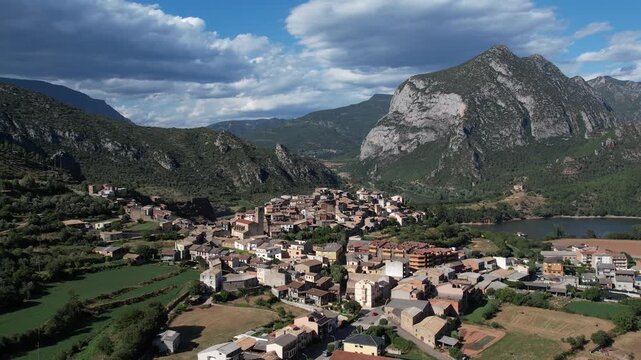 Aerial drone footage of Coll de Nargo town in Catalonia, Spain. High quality 4k footage