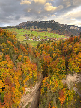 Gunten Gorge in Autumn Colors at Sunset &ndash; View from Panoramabr&uuml;cke Sigriswil, Switzerland