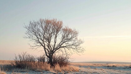 FlyPro_Firefly presents a detailed photographic capture of a prominent bare, desiccated bush with intricate branches against a pale sky under soft, diffused daylight, highlighting a muted landscape.