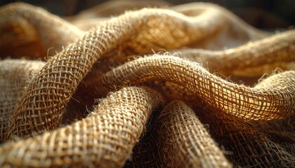 A detailed FlyPro_Firefly photographic capture of a dense tangle of unbleached linen threads forming a robust, coarse fabric, under the soft illumination of a diffused window.